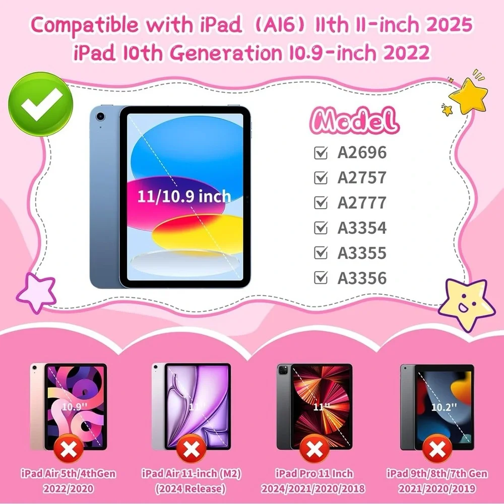Kids iPad 11th Gen 11 Case iPad 10th 10.9 Pink Strawberry Strap Stand
